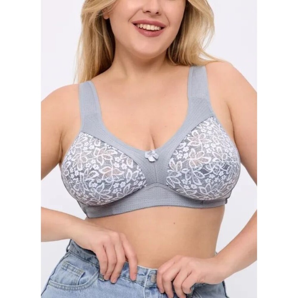 46C Bra Gray Floral Lace Wireless Bra Full Coverage Unlined Comfy Everyday